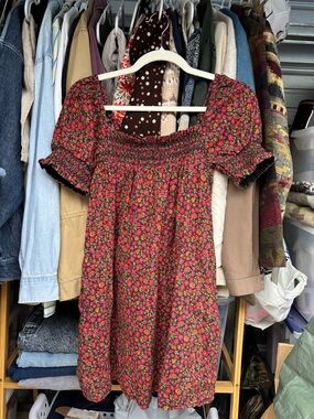 American Eagle Outfitters Red and Pink Floral Smocked Mini Dress